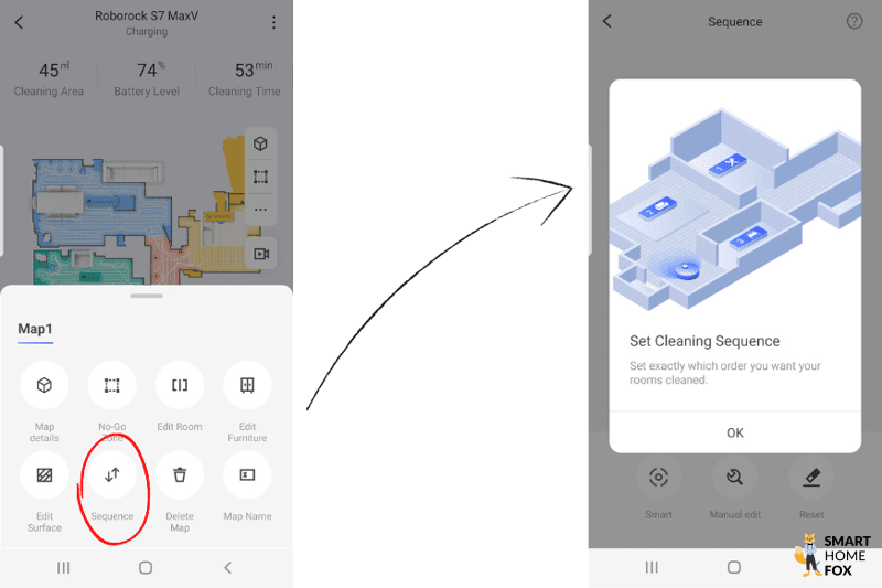 Cleaning order for the rooms is set in the Roborock S7 MaxV Ultra App.